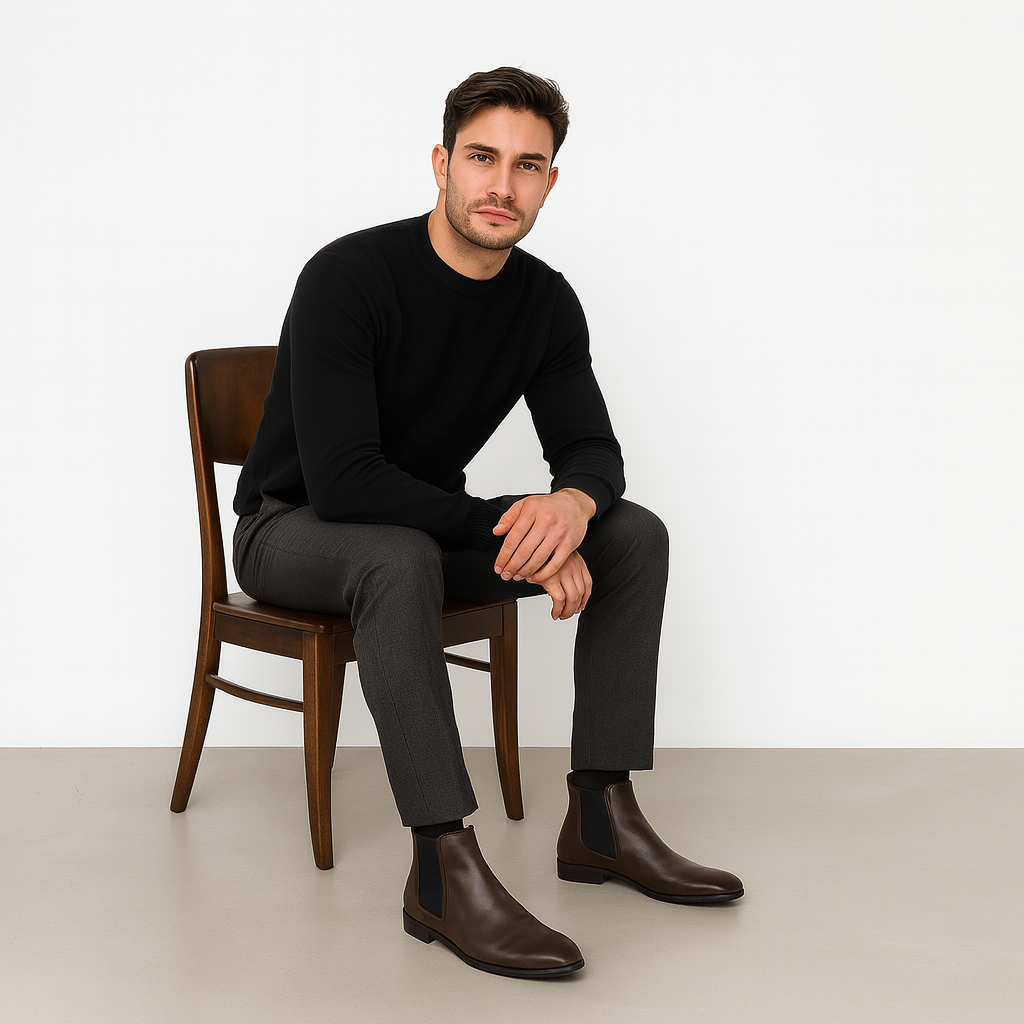 Turtleneck Charcoal Grey Chelsea Boots Men's Polished Dark Brown